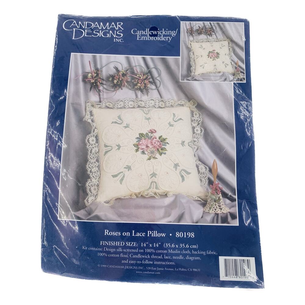 Vintage Candlewicking Embroidery Pillow Kit Candamar Designs Roses On Lace 80198